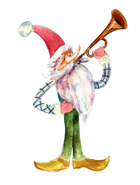 Christmas gnome is trumpeting, watercolor illustration isolated on white background. — Stock Photo, Image
