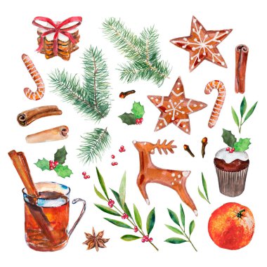 Beyaz arka plan üzerinde izole Noel, yeni yıl öğeleri kümesi, suluboya resimler, çizilmiş.