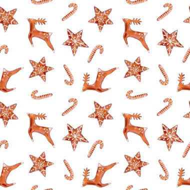 Gingerbread Noel seamless modeli, suluboya resim çizilmiş beyaz arka plan üzerinde izole. Dizayn Tekstil, ambalaj kağıdı, fon için.