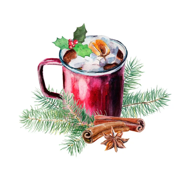 Cup of coffee with zephyr, holly, anise, cinnamon and firtree branch. Watercolor hand-drawn object isolated on white background. Christmas card and new year illustration set.