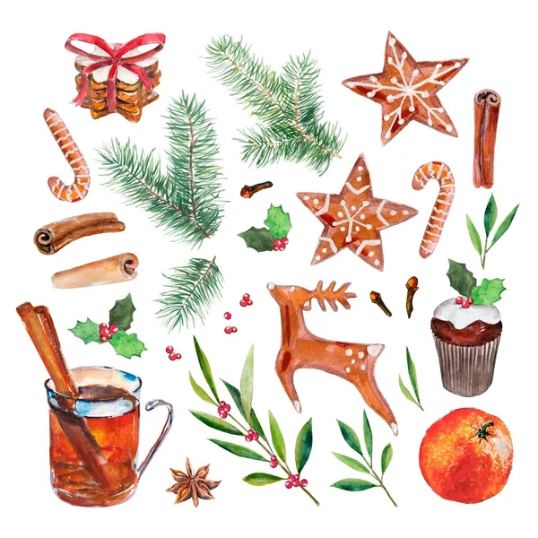 Beyaz arka plan üzerinde izole Noel, yeni yıl öğeleri kümesi, suluboya resimler, çizilmiş.