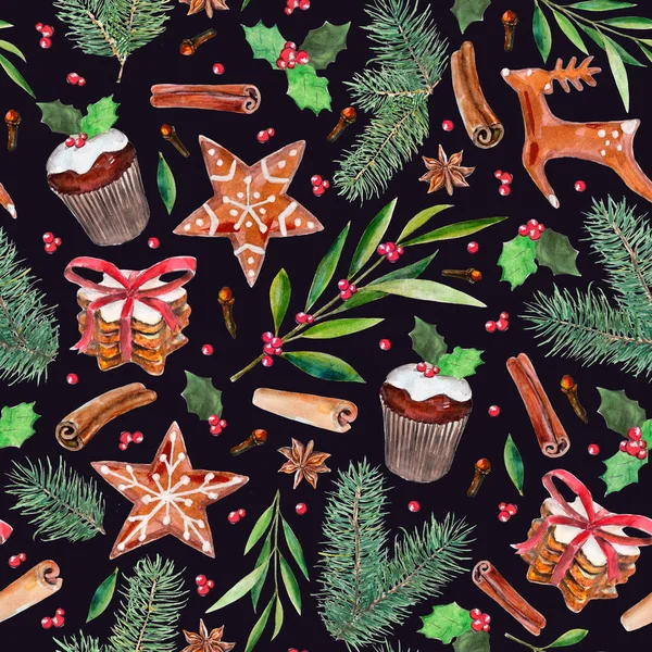 Weihnachten, Neujahr Elemente gesetzt, handgezeichnete Aquarell nahtlose Muster, isoliert auf schwarzem Hintergrund. — Stockfoto