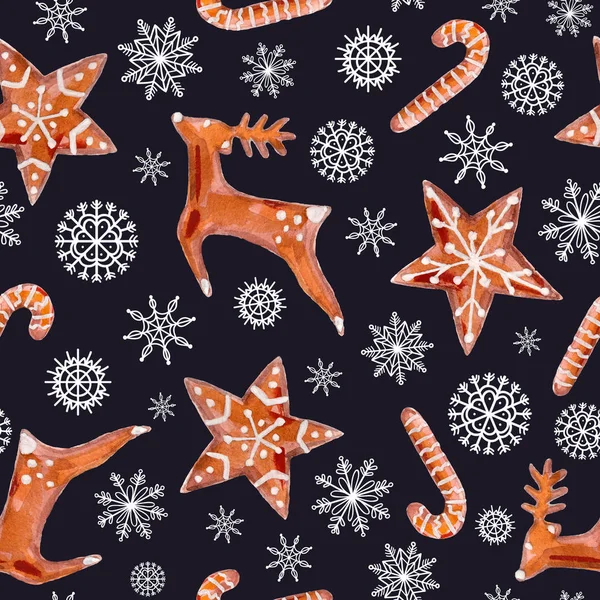De kerst, Nieuwjaar elementen set, handgetekende aquarel naadloze patroon met koekjes en sneeuwvlokken geïsoleerd op zwarte achtergrond. — Stockfoto