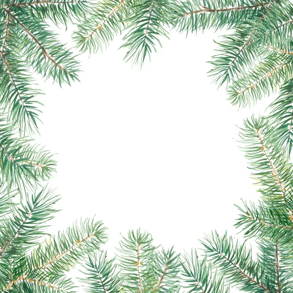 Χαρούμενα Χριστούγεννα μοτίβο με firtree σύνορα. Ακουαρέλα handdrawn εικονογράφηση που απομονώνονται σε λευκό φόντο. — Φωτογραφία Αρχείου