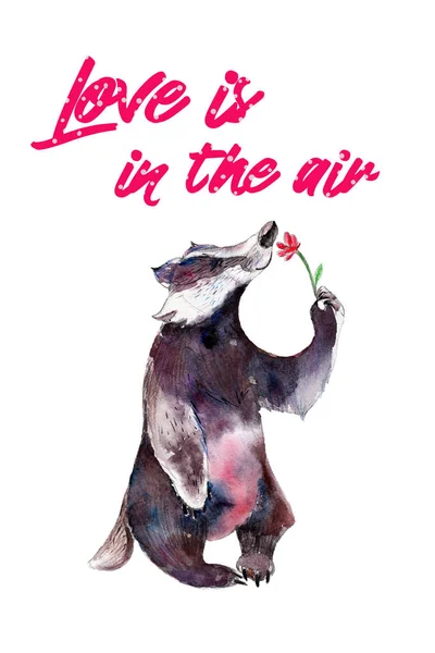Барсук с цветами, акварель ручная иллюстрация, поздравительная открытка на день святого Валентина . — стоковое фото