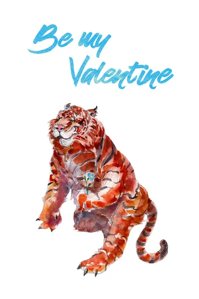 Tigre con flor, acuarela ilustración dibujada a mano, tarjeta de felicitación del día de San Valentín . —  Fotos de Stock