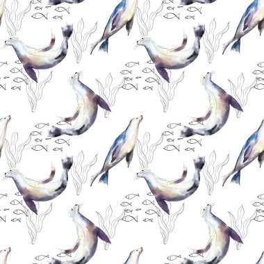 Mühürler, doodle arka plan, suluboya resim çizilmiş ile Seamless Modeli.