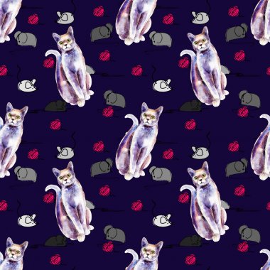 Kediler ve konu ve fareler, doodle arka plan, çizilmiş suluboya resim topu ile parlak seamless modeli.