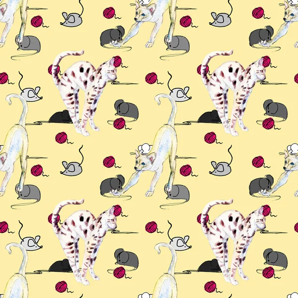 Bright seamless pattern with cats and ball of threads and mouses, doodle background, hand-drawn watercolor illustration.