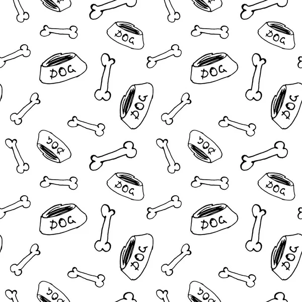 Svart och vitt sömlösa mönster med ben och hund skålar, doodle bakgrund, handritade akvarell illustration. — Stockfoto