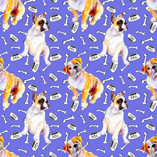 Bright seamless pattern with dogs, bones and bowls, doodle background, hand-drawn watercolor illustration.