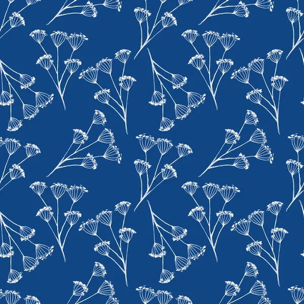Vintage inkt naadloze patroon, witte droge paraplu bloem geïsoleerd op blauwe achtergrond. — Stockfoto