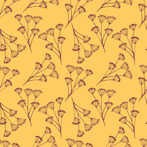 黄色の背景に分離されたビンテージ インク シームレス パターン、赤い乾燥傘花. — ストック写真
