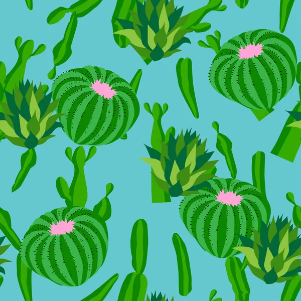 Cactus background, vector seamless pattern, isolated on blue backdrop. — Stock Vector