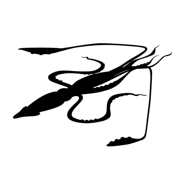 Silueta de la ilustración gigante del vector del calamar, objeto negro aislado sobre fondo blanco, criatura marina . — Vector de stock