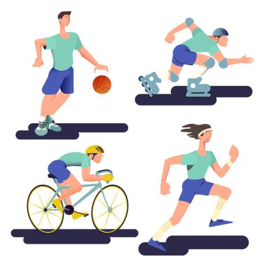 Koşucu, basketbolcu, bisikletçi ve patenci. Sporcu, gradyan tasarımlı düz bir şekilde ayarlandı. Broşür, spor müsabakaları için pankart ve spor eşyaları için bavul olarak kullanılabilir. Vektör illüstrasyonu. 