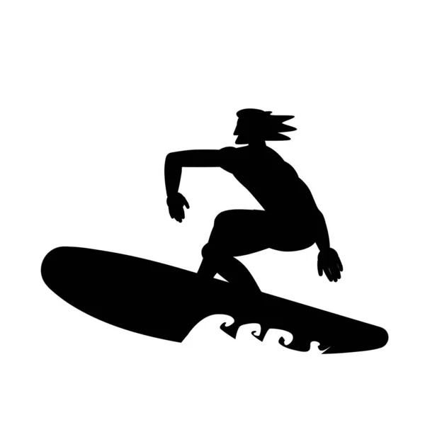 Silhouette des Surfers Sportler auf Surfbrett isoliert auf weißem Hintergrund. Vektor Schwarz-Weiß-Illustration. Ausschnittobjekt. Sportartikel-Elemente. — Stockvektor