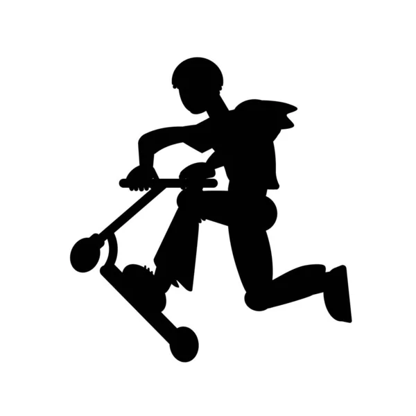 Silhouette of guy riding on the scooter. Vector black and white illustration. Cutout isolated object. Sports goods elements. — Stock Vector