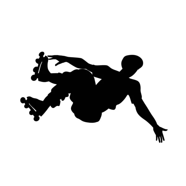 Silhouette eines Typen auf Rollschuhen. Typen machen einen Stunt. Vektor Schwarz-Weiß-Illustration. isoliertes Objekt ausschneiden. Sportartikel-Elemente. — Stockvektor