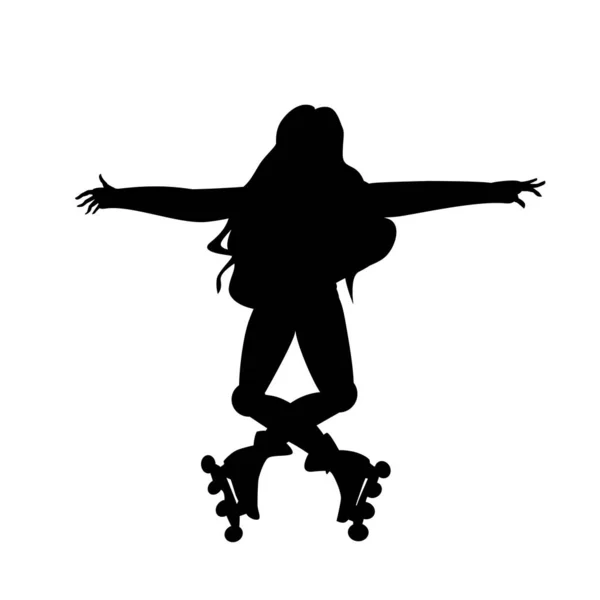 Silhouette eines Mädchens auf Rollschuhen. Mädchen machen einen Stunt. Vektor Schwarz-Weiß-Illustration. isoliertes Objekt ausschneiden. Sportartikel-Elemente. — Stockvektor