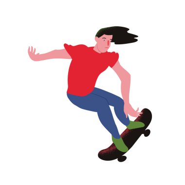 Kaykaycı çocuk. Eğilimli düz. Kaykaylı kırmızı tişörtlü adam. Broşürler, afişler, spor müsabakaları, spor eşyaları paketlemek için kullanılır. Vektör illüstrasyonu izole nesne.