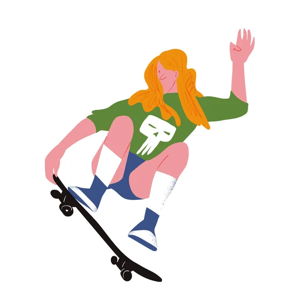 De schaatsster. Vlak met helling. Meisje met gouden haren maakt stunt op skateboard. Gebruikt voor flyer, banner sportevenementen, verpakking sportartikelen. Vector illustratie geïsoleerd object. — Stockvector
