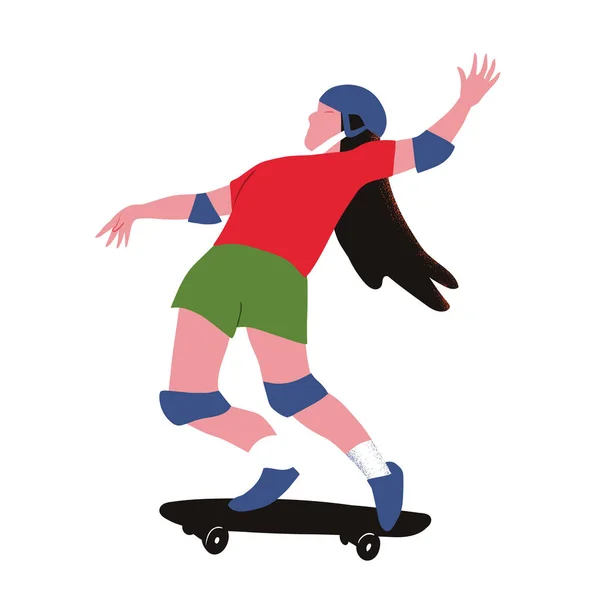 La patineuse. Appartement avec pente. Fille en casque surf sur skateboard. Utilisé pour flyer, bannière des événements sportifs, emballage des articles de sport. Illustration vectorielle objet isolé . — Image vectorielle