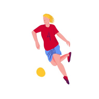 Football player. Man in red shirt and blue shorts runs behind a ball. The people in dynamic pose. Flat with texture vector illustration. Isolated.