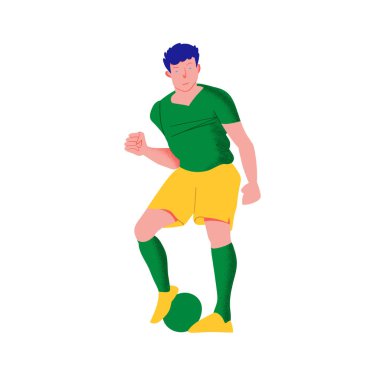 Football player. Man in green shirt and yellow shorts  keeps his leg on ball. The people in dynamic pose. Flat with texture vector illustration. Isolated.