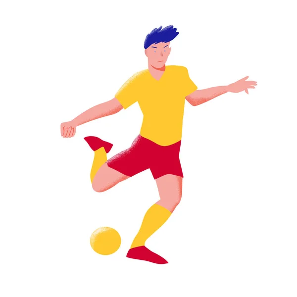 Fußballspieler. Mann in gelbem Hemd und roter Hose ballert um den Ball. die Menschen in dynamischer Pose. flach mit Texturvektorillustration. isoliert. — Stockvektor