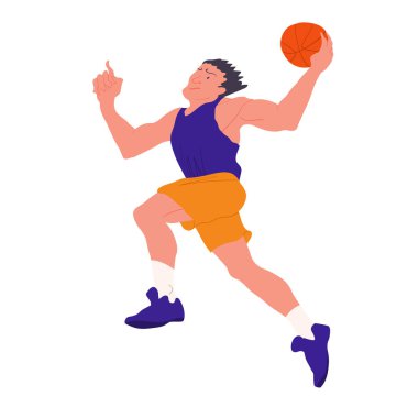 Basketbolcu. Adam yukarıdan bir top fırlatıyor. Koşucuyu yukarı çek. Dinamik poziyondaki insanlar. Doku vektör illüstrasyonlu düz. İzole edilmiş.