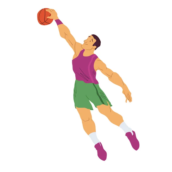 Joueur Basket Homme Pose Épique Vole Avec Balle Mec Cool — Image vectorielle