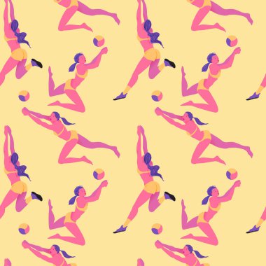 Plaj voleybol sahası. Bikinili kızlar oynuyor. Spor kadın tekstil ve sarma geçmişi. Vektör stili düz illüstrasyon kusursuz desen.