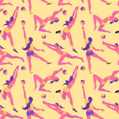Plaj voleybol sahası. Bikinili kızlar oynuyor. Spor kadın tekstil ve sarma geçmişi. Vektör stili düz illüstrasyon kusursuz desen.