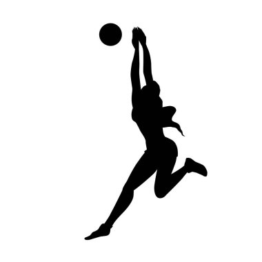 Plaj voleybolu. Beyaz arka planda izole edilmiş kadın silueti. Bikinili kız topu geri getiriyor. Vektör illüstrasyonu.