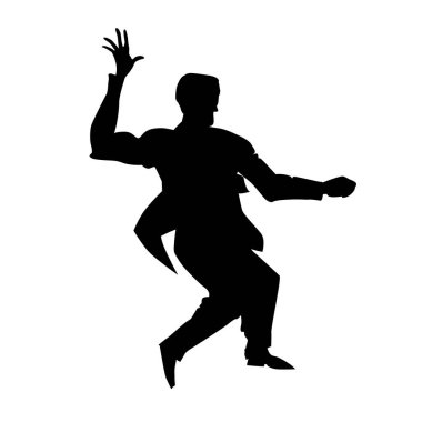 Lindy hop dansı yapan adamın silueti. Poster için geçmişe dönük dansçı, sosyal danslar için el ilanı stüdyosu. Siyah-beyaz vektör çizimi. İzole nesneyi kes.
