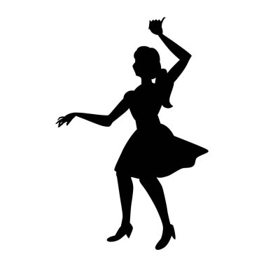 Güzel kız danslarının silueti. Poster, ilan, dans stüdyosu, kadın modası. Siyah-beyaz vektör çizimi. İzole nesneyi kes.