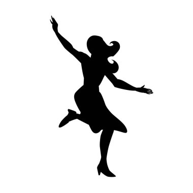 Güzel kız danslarının silueti. Poster, ilan, dans stüdyosu, kadın modası. Siyah-beyaz vektör çizimi. İzole nesneyi kes.