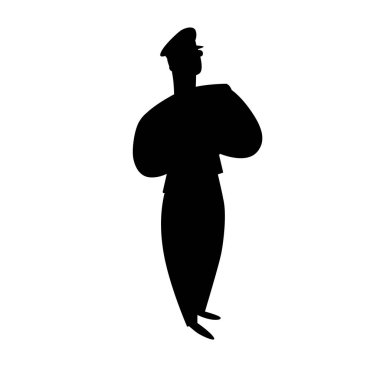 Pilot uçağın siyah silueti. Karakter çizimi beyaza izole edildi. Çizgi film insanları düz illüstrasyon.