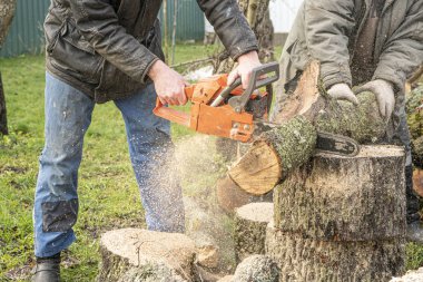 Mavi pantolonlu bir adam elektrikli testereyle tahta testeresi kesiyor.