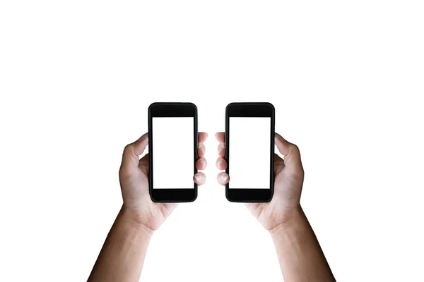 Manos de hombre sosteniendo horizontal el teléfono inteligente negro con scr en blanco — Foto de Stock
