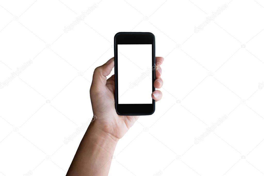 Man hand holding horizontal the black smartphone with blank scre