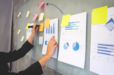 Flipchart, konferans sunum sırasında gemide yeni planda yapma işkadını çizim çalışma.
