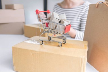 Internet online alışveriş kavramı, genç satıcı kadın p hazırlanıyor