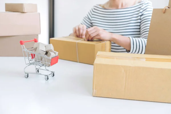 Internet concepto de compras en línea, Mujer joven vendedor preparación p — Foto de Stock