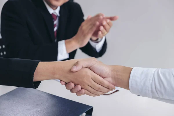 Saludando a los nuevos colegas, apretón de manos mientras entrevista de trabajo, hombre — Foto de Stock