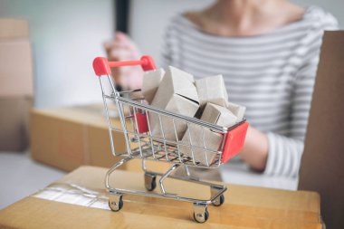 Internet online alışveriş kavramı, genç satıcı kadın p hazırlanıyor