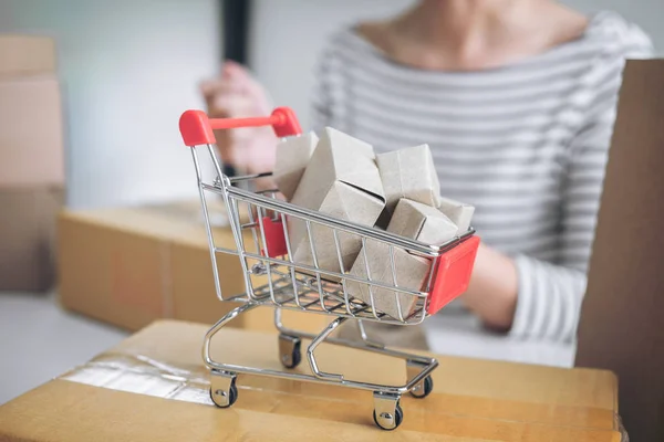 Internet concepto de compras en línea, Mujer joven vendedor preparación p — Foto de Stock