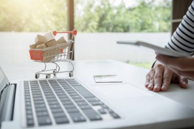 Mutlu kadın akıllı telefon ve kredi kartı kullanarak kayıt ödemeleri 