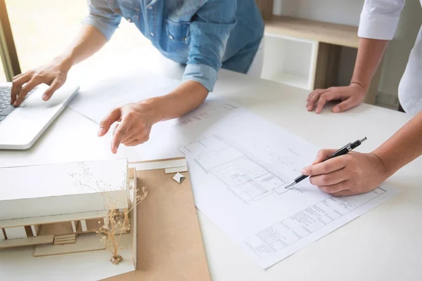 Architect working on blueprint, Engineer meeting working with pa — Stock Photo, Image